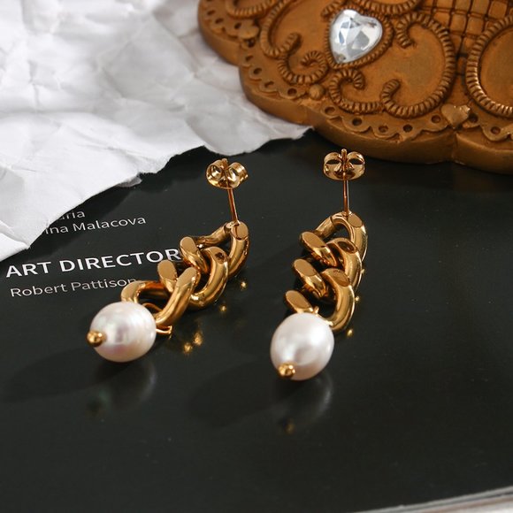 Fresh Water Pearl‎ Gold Chain Drop Earrings 18K Gold Plated Stainless Steel - Picture 12 of 13